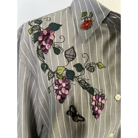 VTG Karen Scott Womens Button Up Shirt Embroidery Gardencore Stripped Gray Sz S - Picture 6 of 14
